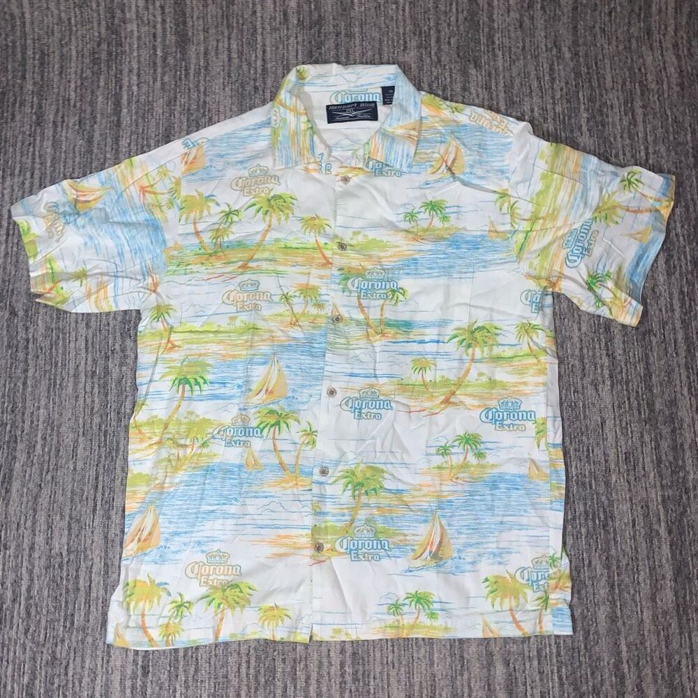 Newport Blue Mens Size 2XL Corona Extra Button‎ Front Shirt Blue Hawaiian Print